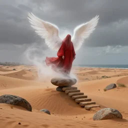 one lone singular swirling otherworldly angelic figure shrouded in red robes and white mist emerges from an extensive colorful dune scape with a stairway of floating boulders, windswept, sand, rocks, sparse vegetation, distant cityscape, grey cloudy skies, distant ocean, contrejour lighting, high contrast, highly detailed, a matte painting by Peter Mohrbacher and Filip Hodas and Chad Knight, Unreal Engine, 8k HDR