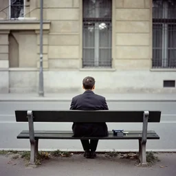 Lonely man sitting on bench photographed by Andre Kertesz kodak 5247 stock, color photograph