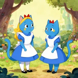 storybook illustration of a pair of blue cats in the style of alice in wonderland