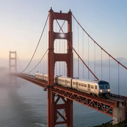 a silver train on the golden gate bridge at dusk with fog, by ricardo bofill, by stanhope forbes