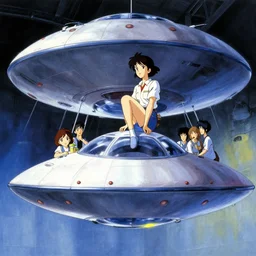 a film still of a 1 9 5 0's mechanic anime girl sitting on top of flying ufo landing in hangar of giant ufo spaceship, kandinsky, trending on pixiv fanbox, painted by gaston bussiere, makoto shinkai, akihiko yoshida, gaston bussiere, craig mullins