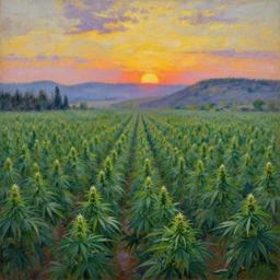 enormous cannabis plantation in a valley, sunset in background, surreal, by simon stalenhag and claude monet, oil on canvas