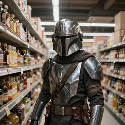 photograph of the Mandalorian working in a supermarket