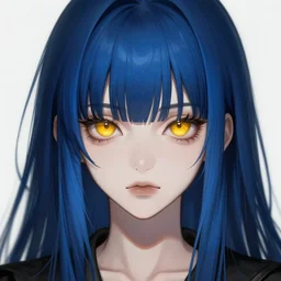 two amber colored eyes, long blue - haired girl, bangs, gothic, anime character, noir, screenshot, anime, sharp focus, intricate, illustration, cell shaded, digital painting, highly detailed, concept art, matte, art by ilya kuvshinov, wlop, greg rutkowski, studio quality, james jean, artem demura