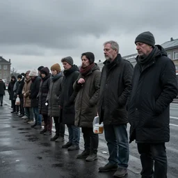waiting in line for cold soup by simon stalenhag and gil elvgren and tom bagshaw, highly detailed, hyperrealism, dreary, cold, cloudy, grey, rich vs. poor, high contrast