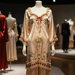 the film still photographed image is a haute couture sleepwear ensemble from the 1 9 0 0 s. this piece was inspired by the zodiac sign of taurus. the ensemble is displayed on a mannequin in the exhibit. vibrant cinematography, anamorphic lenses, upscale, hyper realistic photo, crisp, detailed image in 8 k resolution.