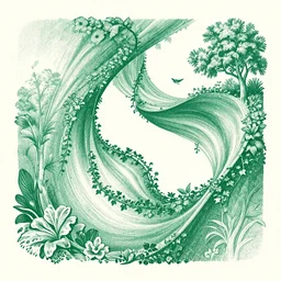 bending and twisted isometric planes flowing, grainy, risograph, dramatic lighting, flowing, lush overgrowth, ivy, vines, flowers, trees, birds, fog, matte print, muted colors, mads berg, victo ngai, moebius, dark blue + greens + beige + oranges