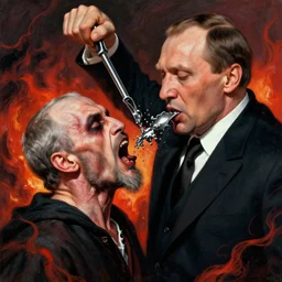boris yeltsin pours lead into the mouth of a sinner in hell, scary art in color