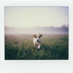 hazy Polaroid photo of a little puppy running through high grass at dawn !n 4