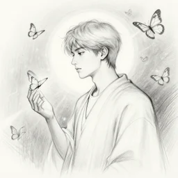 man surrounded by butterflies, celestial light, divine, sketch