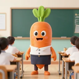 a human carrot creature wearing teacher clothes in a classroom