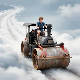 kid ridding on top of a steam roller in a path made of clouds