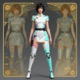 a digital concept art by artgerm, greg rutkowski and alphonse mucha. a high set geometric tailoring uniform. short black hair. clear portrait of an attractive japanese showgirl in hi - tech short cheongsam. cyber leg prosthesis!! white, tiffany blue!! and pink orange laser straps. tactical belt. 8 k. hyper detailed