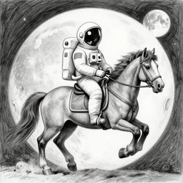 Pencil drawing of a spaceman riding a pony at the moon