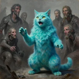 zoom of inspiring cyan spirit pet speaking inspiring speach, fantasy, desaturated, tim hildebrandt, wayne barlowe, bruce pennington, donato giancola, larry elmore, oil on canvas, masterpiece, trending on artstation, featured on pixiv, dramatic pose, beautiful lighting, sharp, details, hyper - detailed