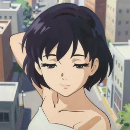 Painting of Velma Dinkley, anime style, winged eyelashes, urban, calm, fantasy character portrait, dark outlines, dynamic pose, above view, sunny day, artwork by Makoto Shinkai, very coherent asymmetrical artwork, sharp edges, perfect face, simple form, 100mm