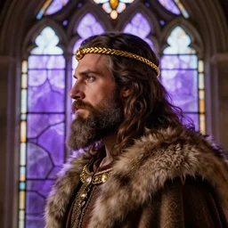 detailed side - view portrait of a king, long hair and full beard, golden rope headband, furry coat, gothic stained glass window, purple background, very masterful, backlit