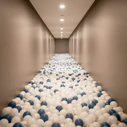 , endless corridor where the floor a ball pit, highly detailed, 8 k, hdr, smooth, sharp focus, high resolution, award - winning photo