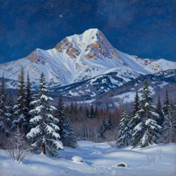 mountains, trees, beautiful nature, winter, night, stars, snow, very detailed, focused, oil painting, colorful, canvas, artstation, Sydney Mortimer Laurence, Albert Bierstadt, Theodor Kittelsen, Hans Dahl