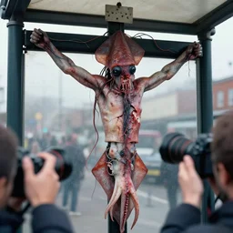 a perfect technicolor photograph of a squid infected man crucified to a bus shelter, his head has been replaced with a sprawling mess of wires and tubes. his skin is bulging like a balloon, fracturing and crumbling. there is a photographer taking close up pictures of his neck.
