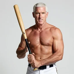 a photo of a shirtless, absolutely, shredded, muscular, mike pence, holding a baseball bat. professional photo shoot.