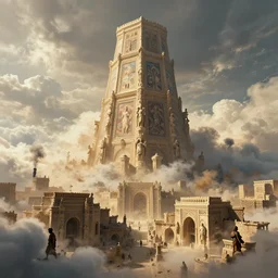 epic view of an ancient Byzantine city surrounded by clouds, Giant imposing tower, full of strange statues and murals, full of smoke and dust, hyper real, Indiana Jones, Tomb Raider, trending on artstation, concept art, cinematic, city, by Greg Rutkowski