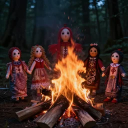 closeup of a campfire in an ominous forest burning voodoo dolls, photography