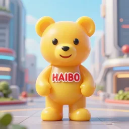 portrait of haribo bear in future city, color and shape focus, central composition, natural light, blo