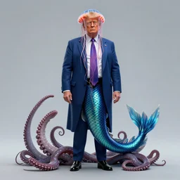 Full body photo of Donald Trump, he has a jellyfish-phoenix head\'s and a siren body, some tentacles are touching him, by Tooth Wu, trending on Artstation, digital art, symmetrical artwork, cinematic, hyper realism, high detail, octane render, 4k, 8k