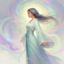 side profile, maya ali, wind sorcerer mage, dota, robes, elegant, highly detailed, concept art, smooth, colorful swirly magic ripples, pastel colors, by huang guangjian, sachin teng, greg rutkowski, jesper ejsing, ilya kuvshinov, artgerm, mucha