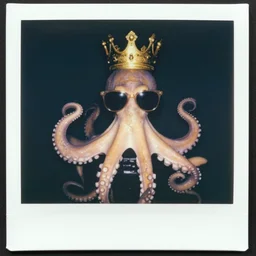an octopus wearing sunglasses and a golden crown, Polaroid 1988
