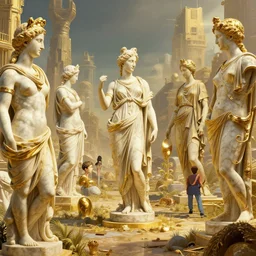 A post apocalyptic landscape littered with Gold and Marble Greek Sculptures, rendered by Beeple, by Makoto Shinkai, syd meade, simon stålenhag, synthwave style, environment concept, digital art, unreal engine, WLOP, trending on artstation, 4K UHD image, octane render,