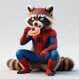 spider - man eating donuts and seating on the raccoon, concept art, trending on artstation, highly detailed, intricate, sharp focus, digital art, 8 k