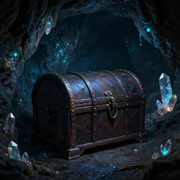 a dark treasure chest in a dark cave with glowing crystals on the walls, julie bell