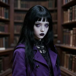 1 4 - year - old pale - skinned persian goth girl, black hair, long bob hair, purple coat, psychic girl, gloomy library, hogwarts library, ultra - realistic, sharp details, subsurface scattering, intricate details, cold lighting, highly detailed, photorealistic, octane render, 8 k unreal engine, art by artgerm