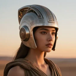 beautiful Fine art photo of a young woman wearing a futuristic electronic mayan helmet, photorealistic, high quality, sunset lighting, in the movie Dune, 8k