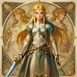 zelda with triforce, fantasy, intricate, elegant, highly detailed, digital painting, artstation, concept art, wallpaper, smooth, sharp focus, illustration, art by artgerm and greg rutkowski and alphonse mucha and wlop
