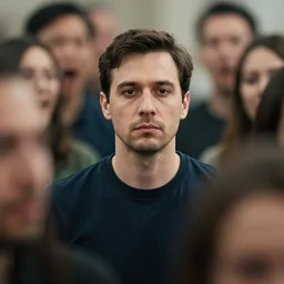 medium shot portrait of a man trying to remain calm amidst his loud surroundings, loud voices, abstraction to the voices surrounding him, hazy, blurry