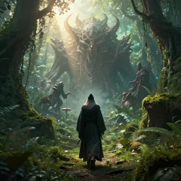 a wise wizard walking towards a ravenous, horrific ruin of hades in a densely overgrown, magical jungle, fantasy, dreamlike sunraise, stopped in time, dreamlike light incidence, ultra realistic