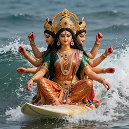 hindu goddess of the waves, multiple faces, summer, photrealistic, parvati, lakshmi, surfing