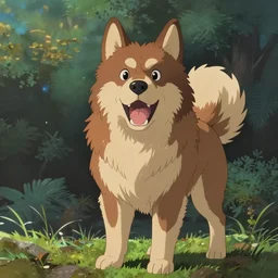 excited brown and tan domino finnish lapphund, studio ghibli art style