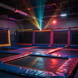 empty trampoline park, realistic, nostalgic, detailed, high detail, sharp quality of image, colorful strobe lighting.