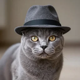 a gray cat using a fedora