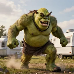 a huge angry violent ogre stomps through a trailer park,