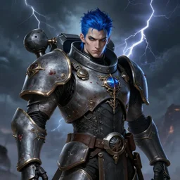 portrait of beautiful gothic and futuristic young man, warhammer, cyber armor, a lot of more and more scars, thunderstorm, blue head, the middle ages, highly detailed, artstation, illustration, more and more composision, 8 k quality, art by jean delville, vincent disederio