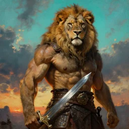 muscular lion as barbarian hunter  with chest armor and shiny sword , full human hairy body , backlight  body , extreme very textured detailed panoramic portrait oil painting by rembrandt, sunset, dramatic clouds and cyan atmosphere