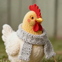A chicken knitting a scarf,