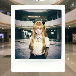 atmospheric Polaroid photo of Marisa kirisame cosplayer in an abandoned mall
