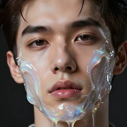 fluid extreme close up of gorgeous hyperrealistic male face melts like iridescent ice cream, digital art masterpiece, highly detailed neo pop surrealism, jason limon kay sage hannah yata, dramatic lighting, low angle, uhd 8 k, sharp focus