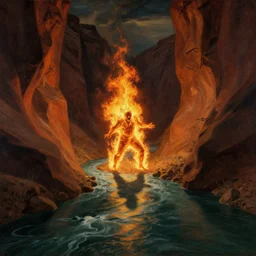 a man made out of fire screams at the bottom of a canyon as a river approaches and the shadows lengthen, chiascuro, classical artwork, art from the greatest artists, award - winning,